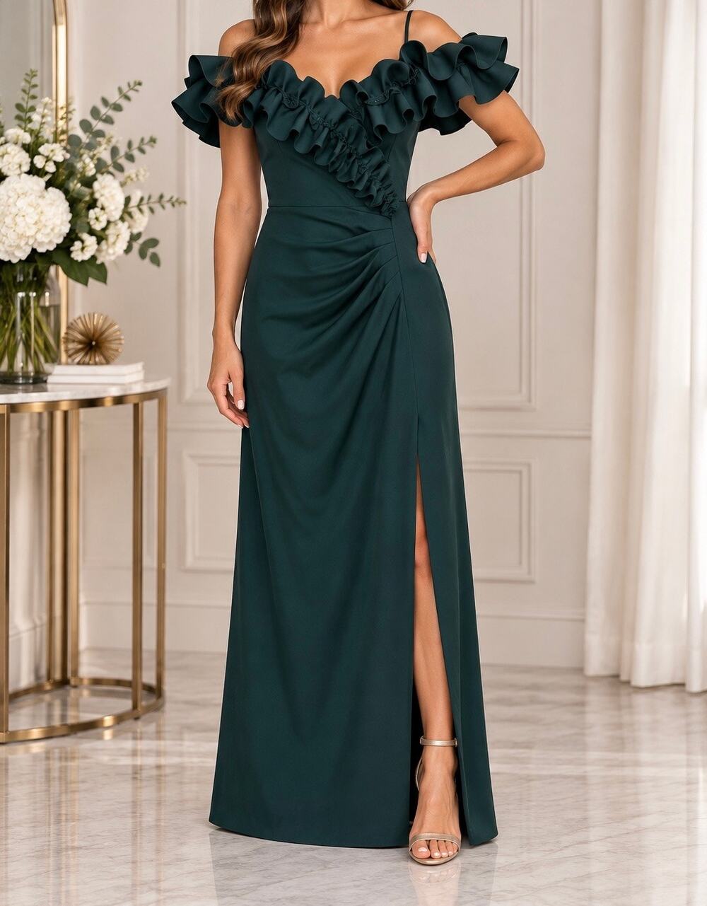 XSCAPE Plus Size Off Shoulder Ruffle Midi Dress Pine Green 18W NWT